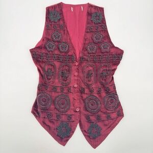 Womans Beaded Velvet Vest Size Large Boho Indie Hippie Festive Layering Vintage